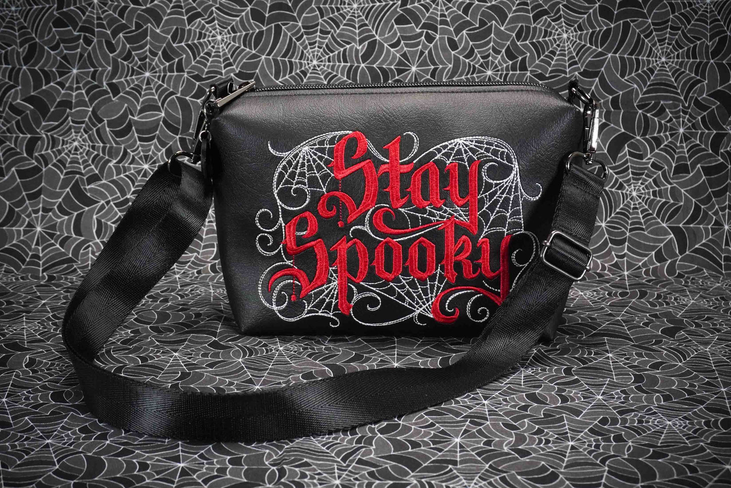Black and Red Stay Spooky Embroidered Small Crossbody Bag –  Handmade, Vegan Leather, Gunmetal Hardware