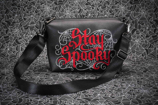 Black and Red Stay Spooky Embroidered Small Crossbody Bag –  Handmade, Vegan Leather, Gunmetal Hardware