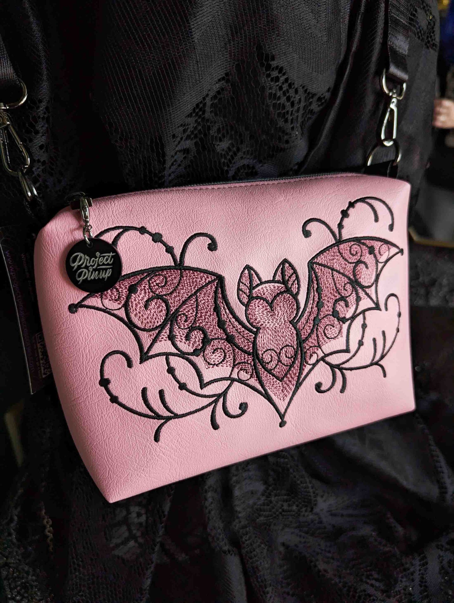 Light Pink Filigree Bat Embroidered Small Crossbody Bag – Handmade, Vegan Leather, Gunmetal Hardware