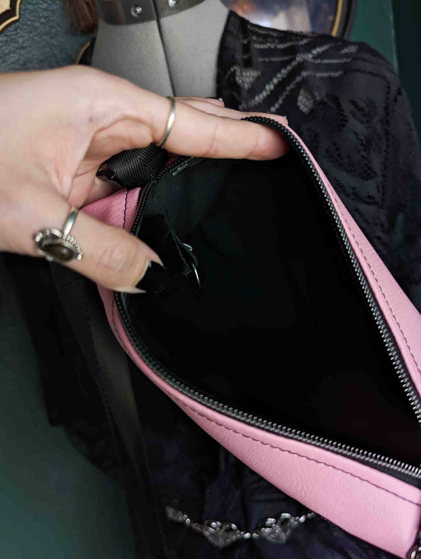 Light Pink Filigree Bat Embroidered Small Crossbody Bag – Handmade, Vegan Leather, Gunmetal Hardware