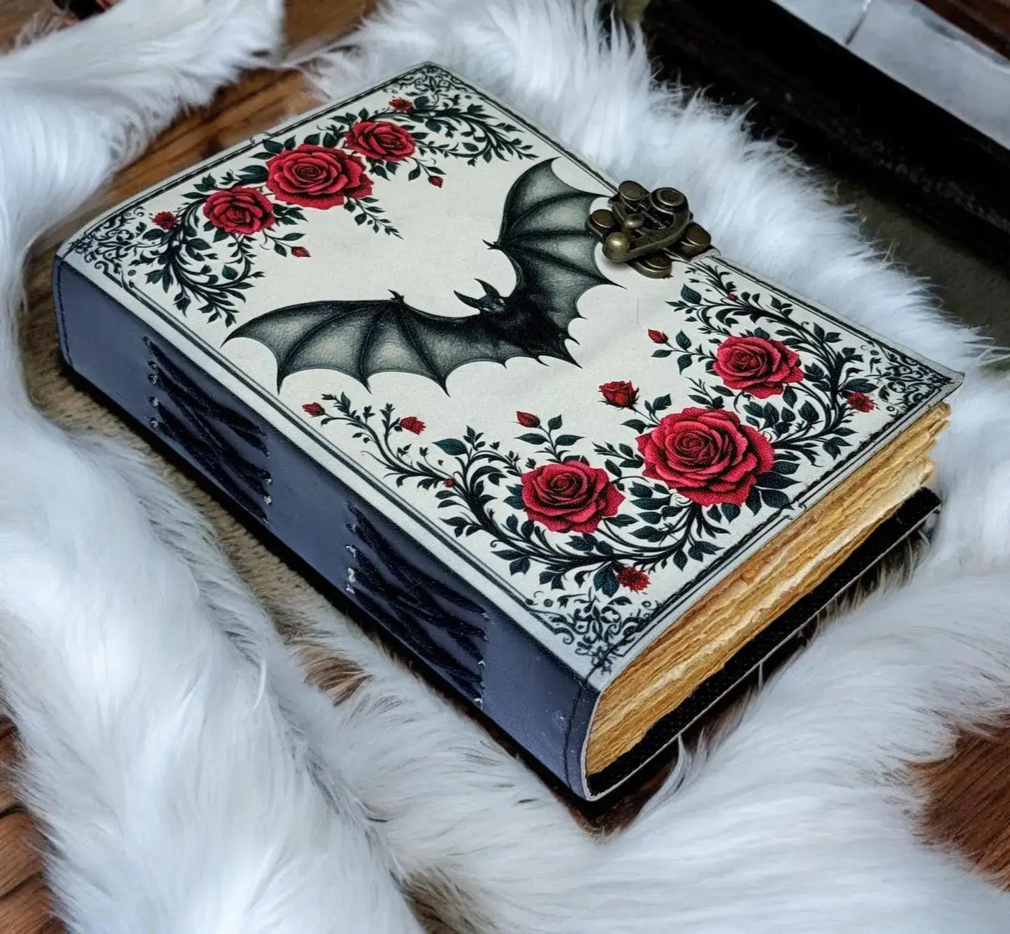 Bat Grimoire Journal Large Leather Book of Shadows with Lock
