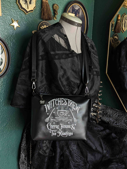Witches Brew Coffee Black Medium Crossbody Bag - Gunmetal Hardware, Embroidered Purse, Vegan Leather
