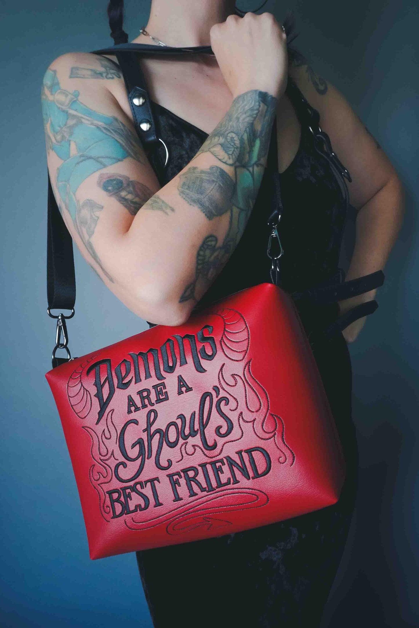 Demons are a Ghoul's Best Friend Red Medium Crossbody Bag- Vegan Leather, Detailed Embroidery, Gunmetal Hardware