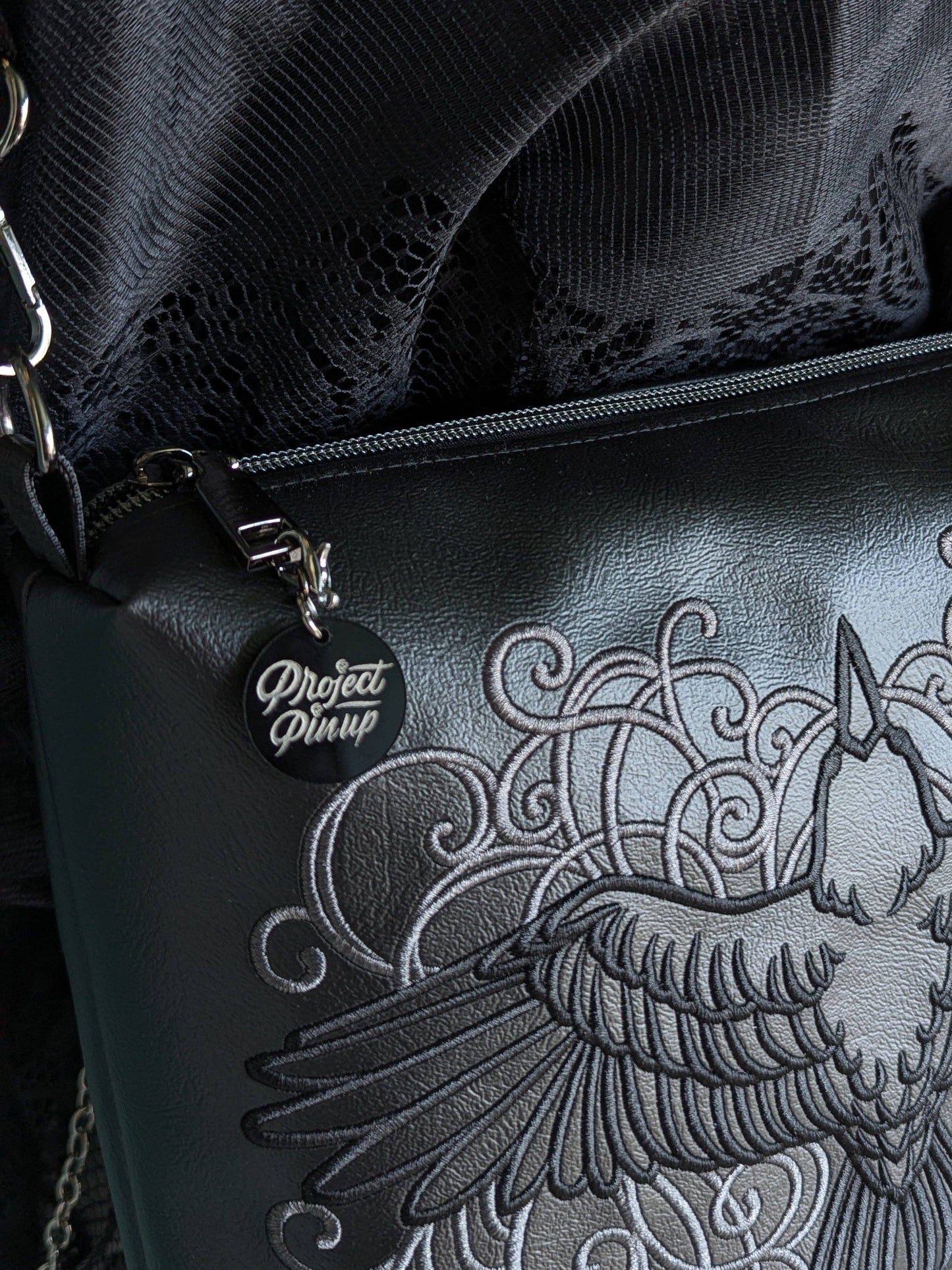 Filigree Raven Black Medium Crossbody Bag - Gunmetal Hardware, Embroidered Purse, Vegan Leather