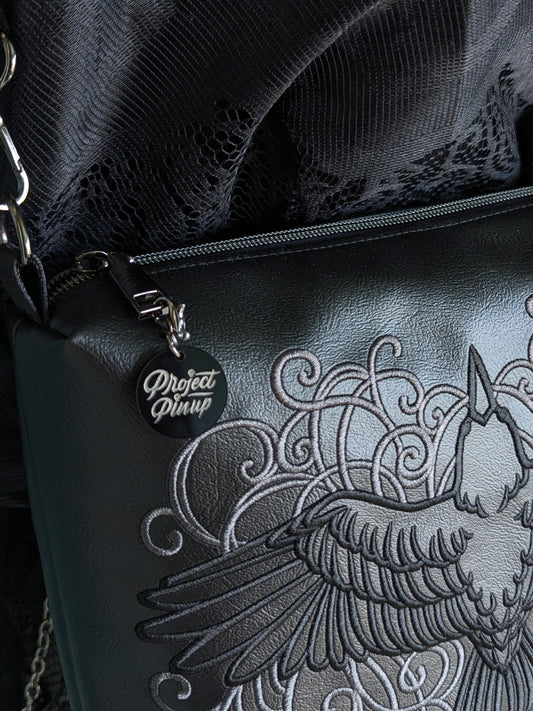 Filigree Raven Black Medium Crossbody Bag - Gunmetal Hardware, Embroidered Purse, Vegan Leather