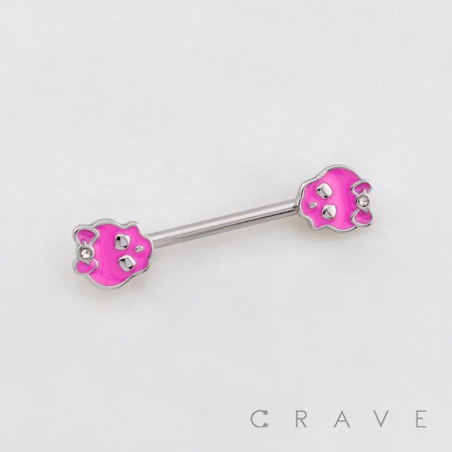 Pink Skull & Bow Nipple Barbell – 14G Surgical Steel