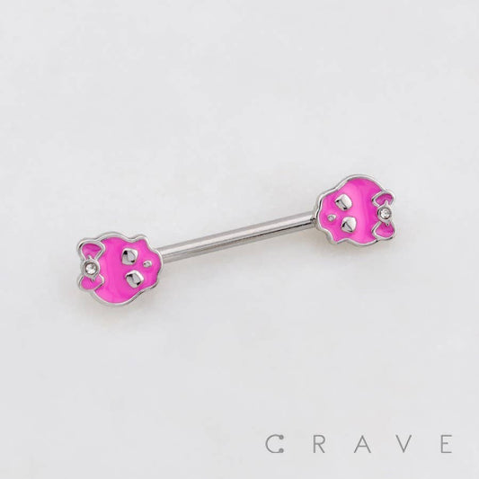 Pink Skull & Bow Nipple Barbell – 14G Surgical Steel