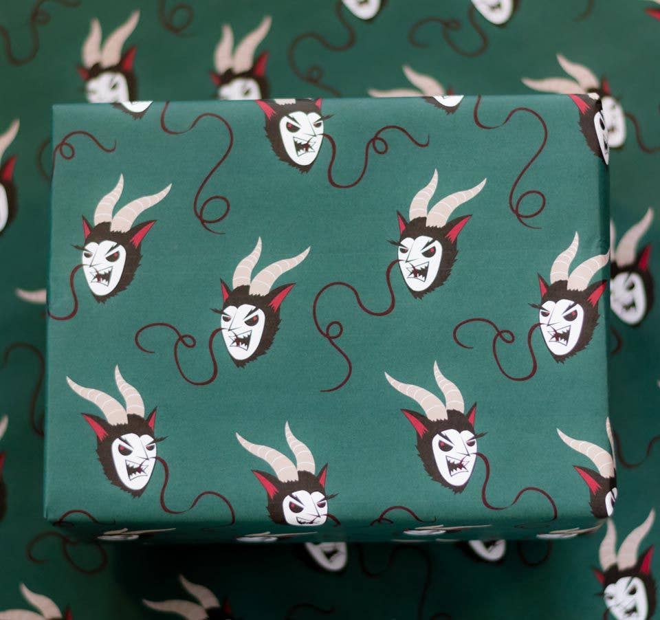 Merry Krampus Gift Wrap - Green (8ft Roll)