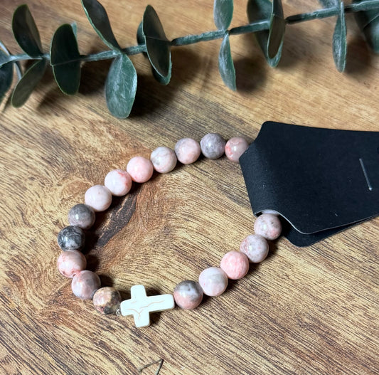 Pink Zebra Jasper Stretchy Bracelet w/White Turquoise Cross
