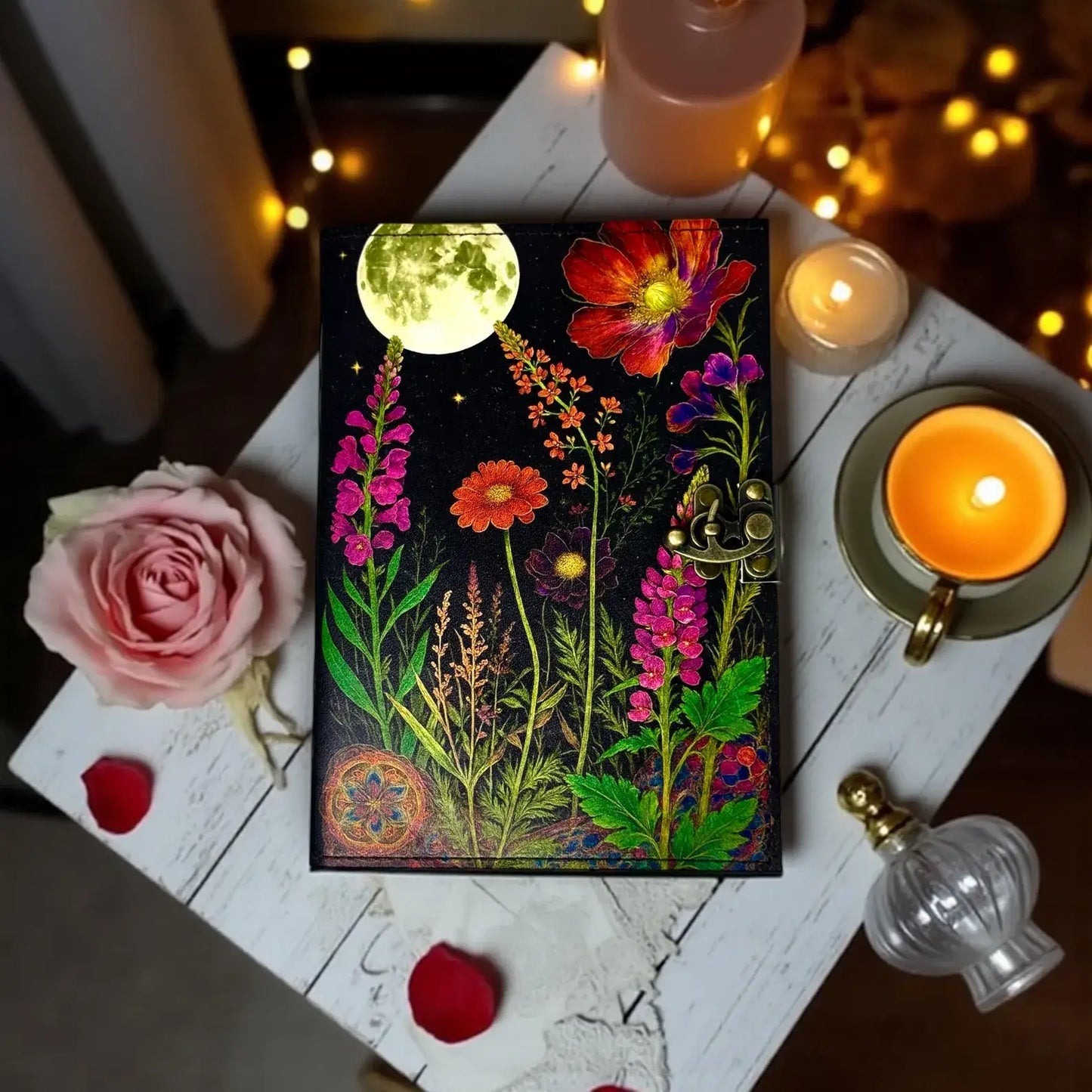 Moonlight Floral Leather Journal Handmade Book of Shadows