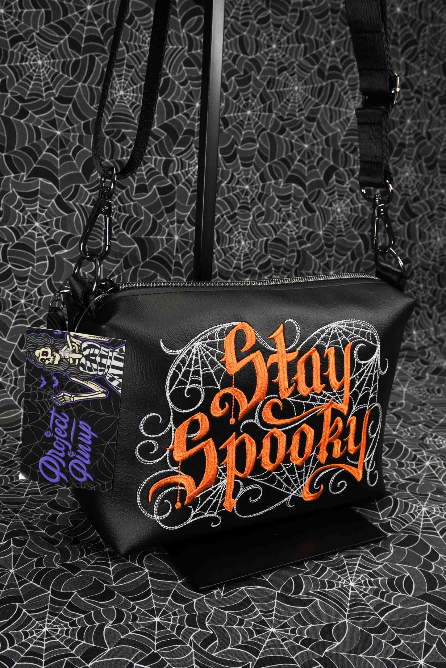 Black and Orange Stay Spooky Embroidered Small Crossbody Bag –  Handmade, Vegan Leather, Gunmetal Hardware