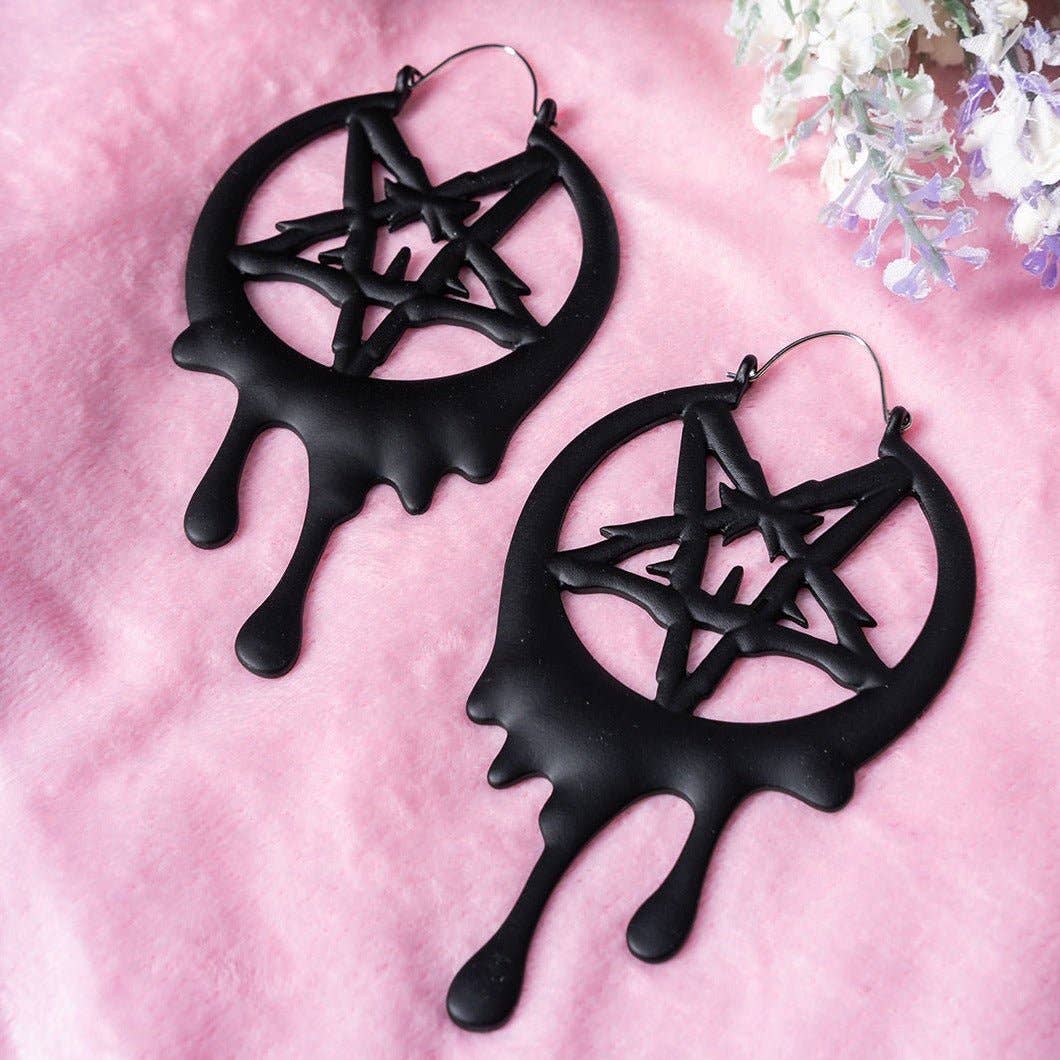 Drippy Metal Pentagram Hoop Earrings