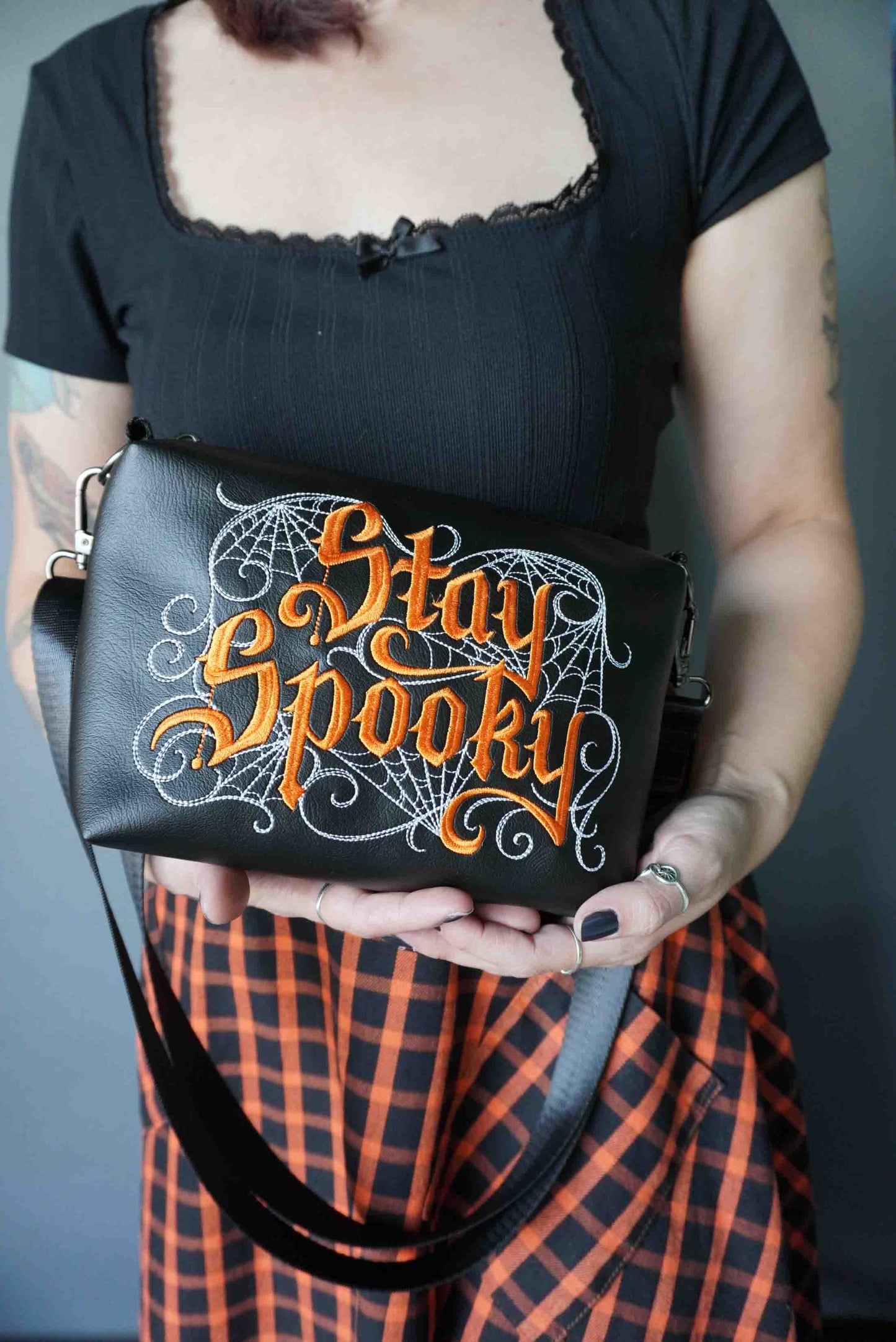 Black and Orange Stay Spooky Embroidered Small Crossbody Bag –  Handmade, Vegan Leather, Gunmetal Hardware