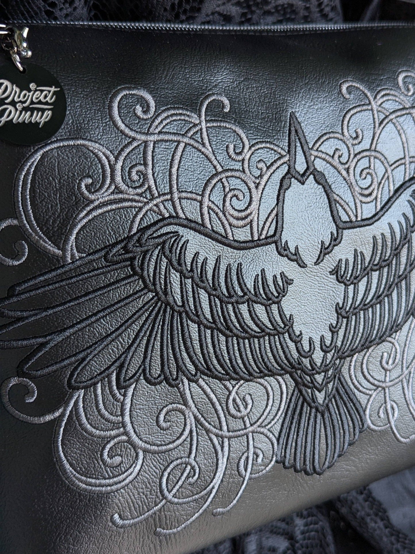 Filigree Raven Black Medium Crossbody Bag - Gunmetal Hardware, Embroidered Purse, Vegan Leather