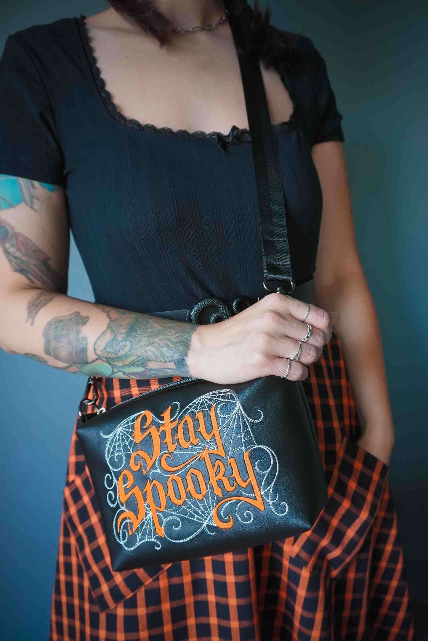 Black and Orange Stay Spooky Embroidered Small Crossbody Bag –  Handmade, Vegan Leather, Gunmetal Hardware