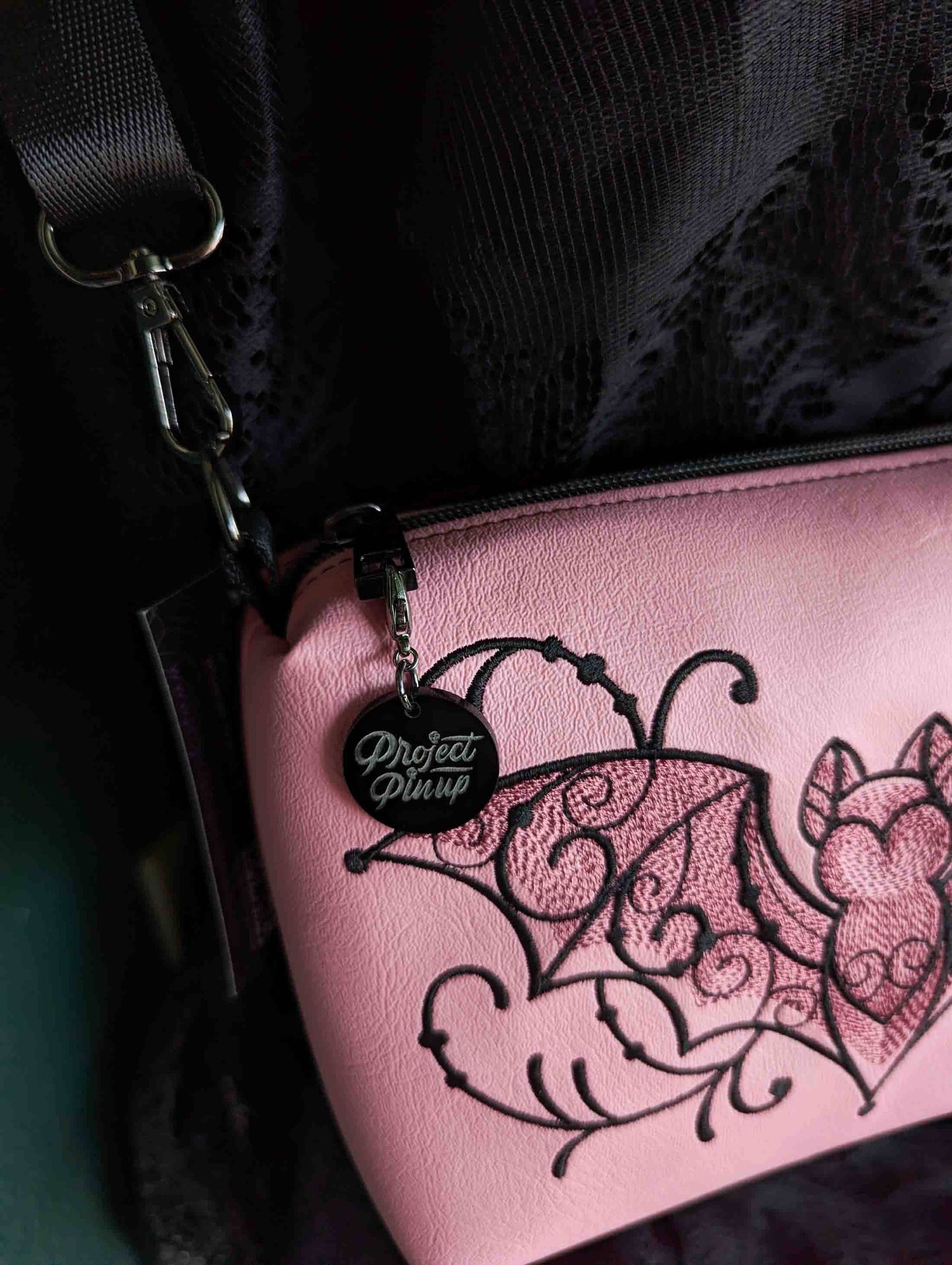 Light Pink Filigree Bat Embroidered Small Crossbody Bag – Handmade, Vegan Leather, Gunmetal Hardware