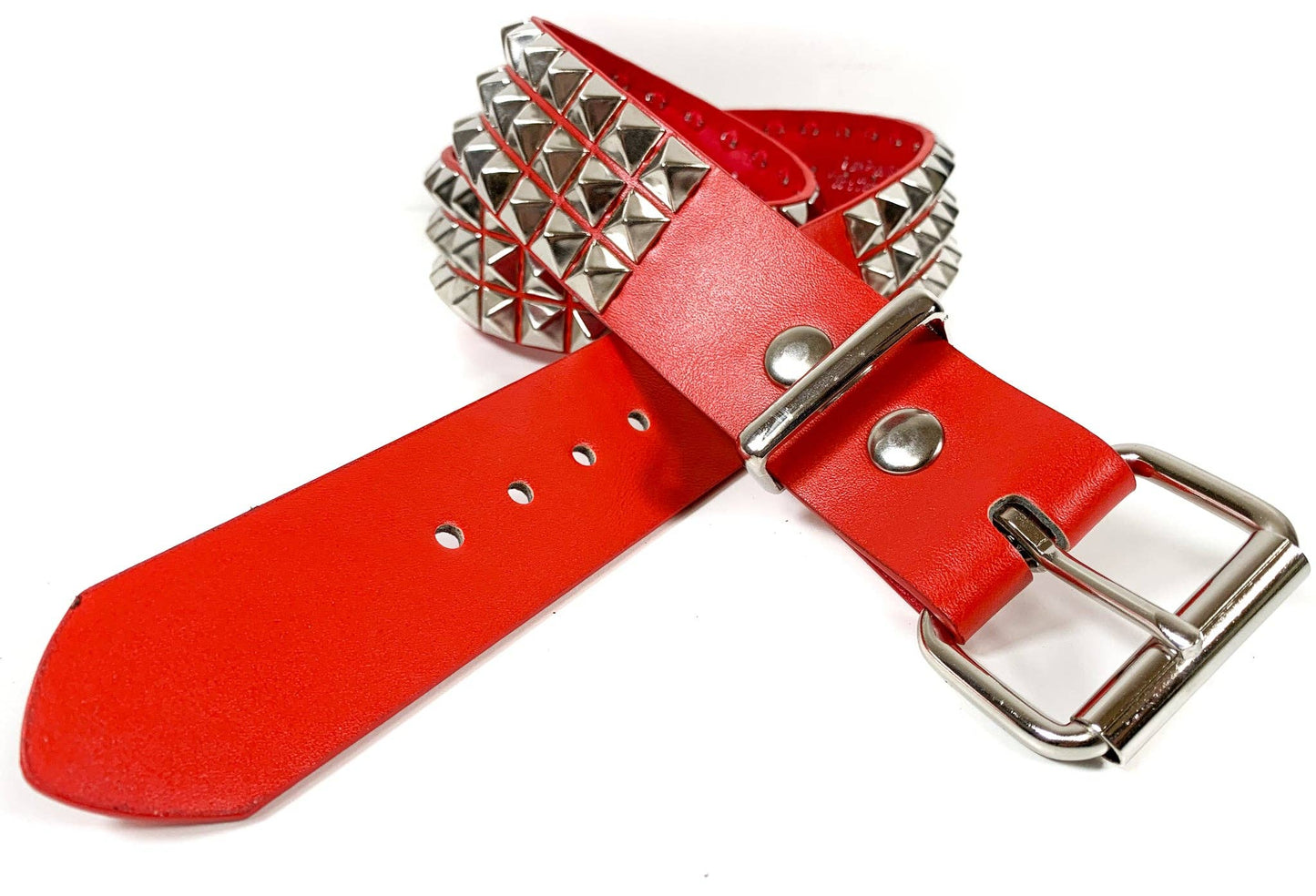 BT104M-RED MATTE 3 ROW 1/2" PYRAMID STUD VEGAN LEATHER BELT