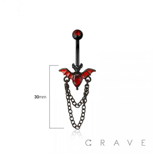 Red CZ Bat Chain Dangle Belly Button Ring – 316L Surgical Steel