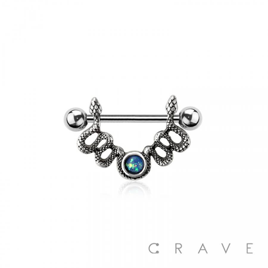 SNAKE NIPPLE RING SHIELD WITH OPAL CENTER 316L SURGICAL STEE