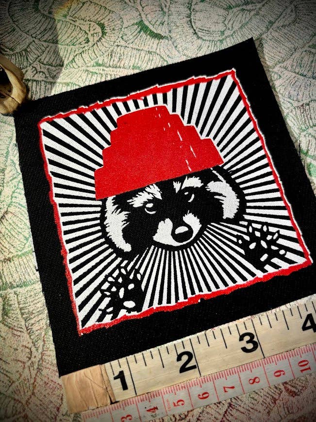 Are We not Trashy? Raccoon with a Devo hat patch.