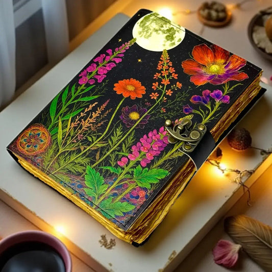 Moonlight Floral Leather Journal Handmade Book of Shadows