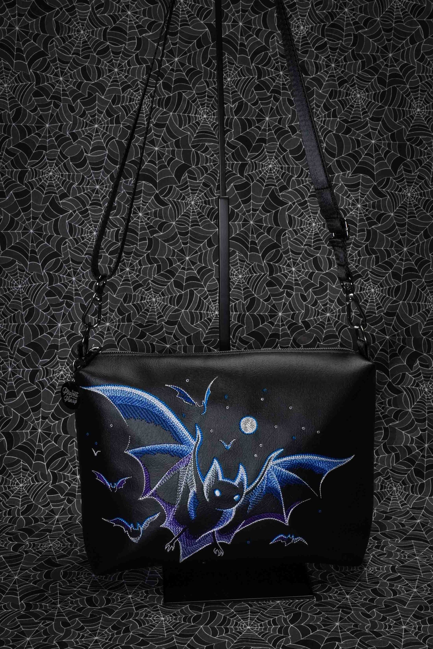 Purple and Blue Bats Black Medium Crossbody Bag - Gunmetal Hardware, Embroidered Purse, Vegan Leather