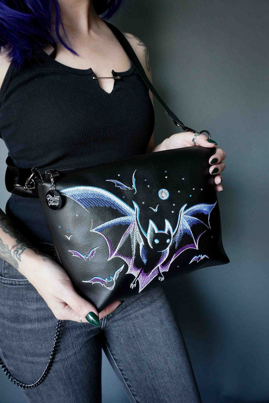 Purple and Blue Bats Black Medium Crossbody Bag - Gunmetal Hardware, Embroidered Purse, Vegan Leather