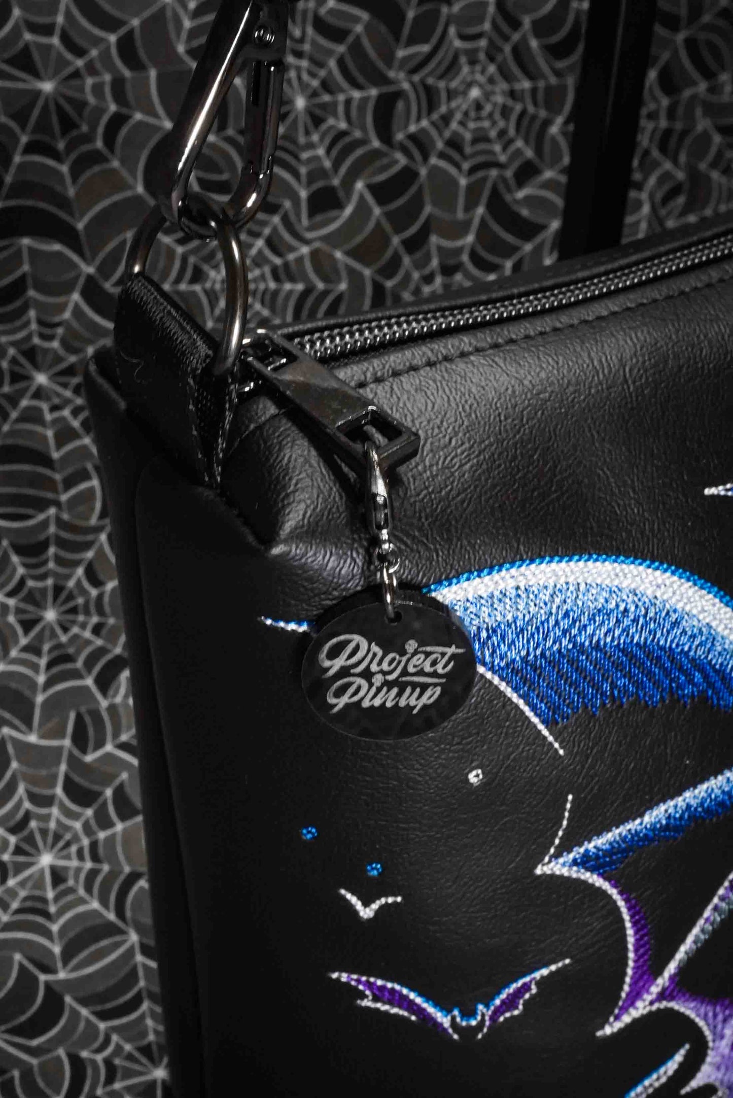 Purple and Blue Bats Black Medium Crossbody Bag - Gunmetal Hardware, Embroidered Purse, Vegan Leather