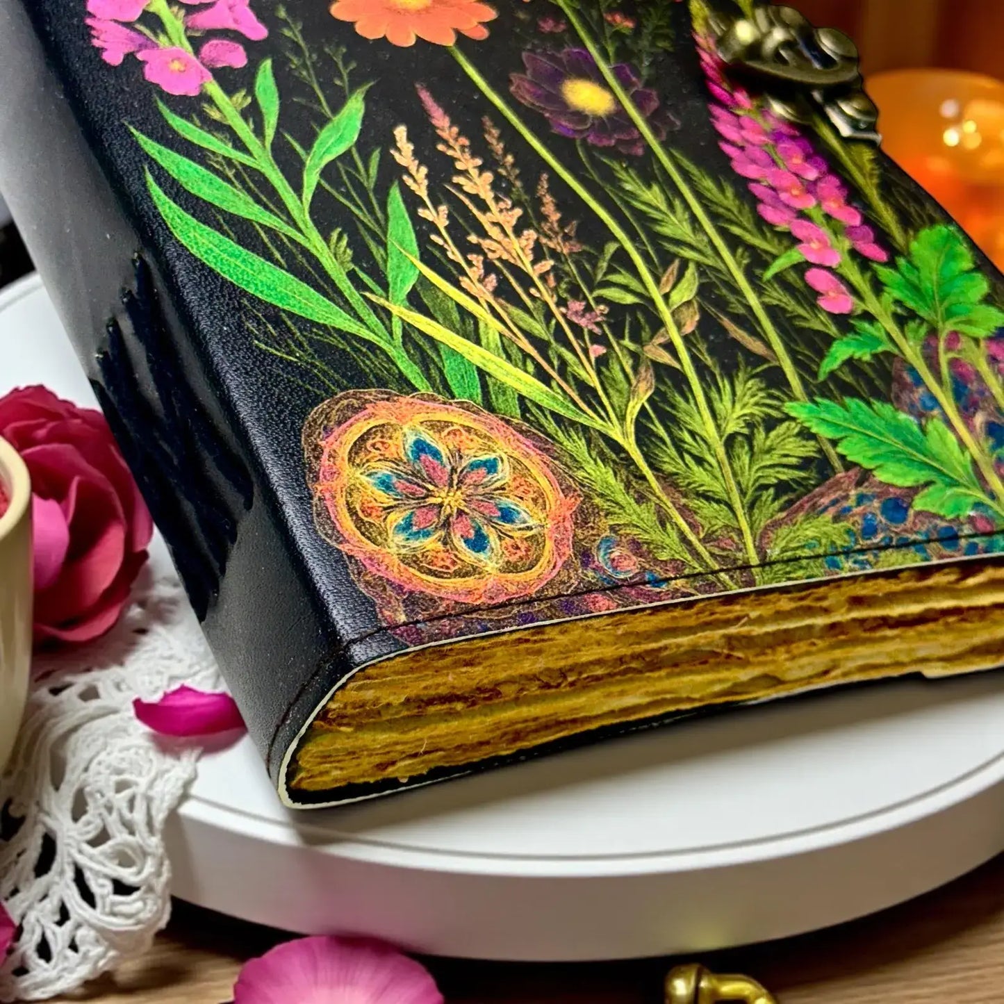 Moonlight Floral Leather Journal Handmade Book of Shadows