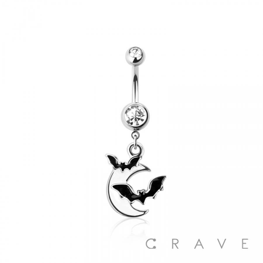 316L SURGICAL STEEL BAT MOON CZ DANGLE BELLY BUTTON NAVEL