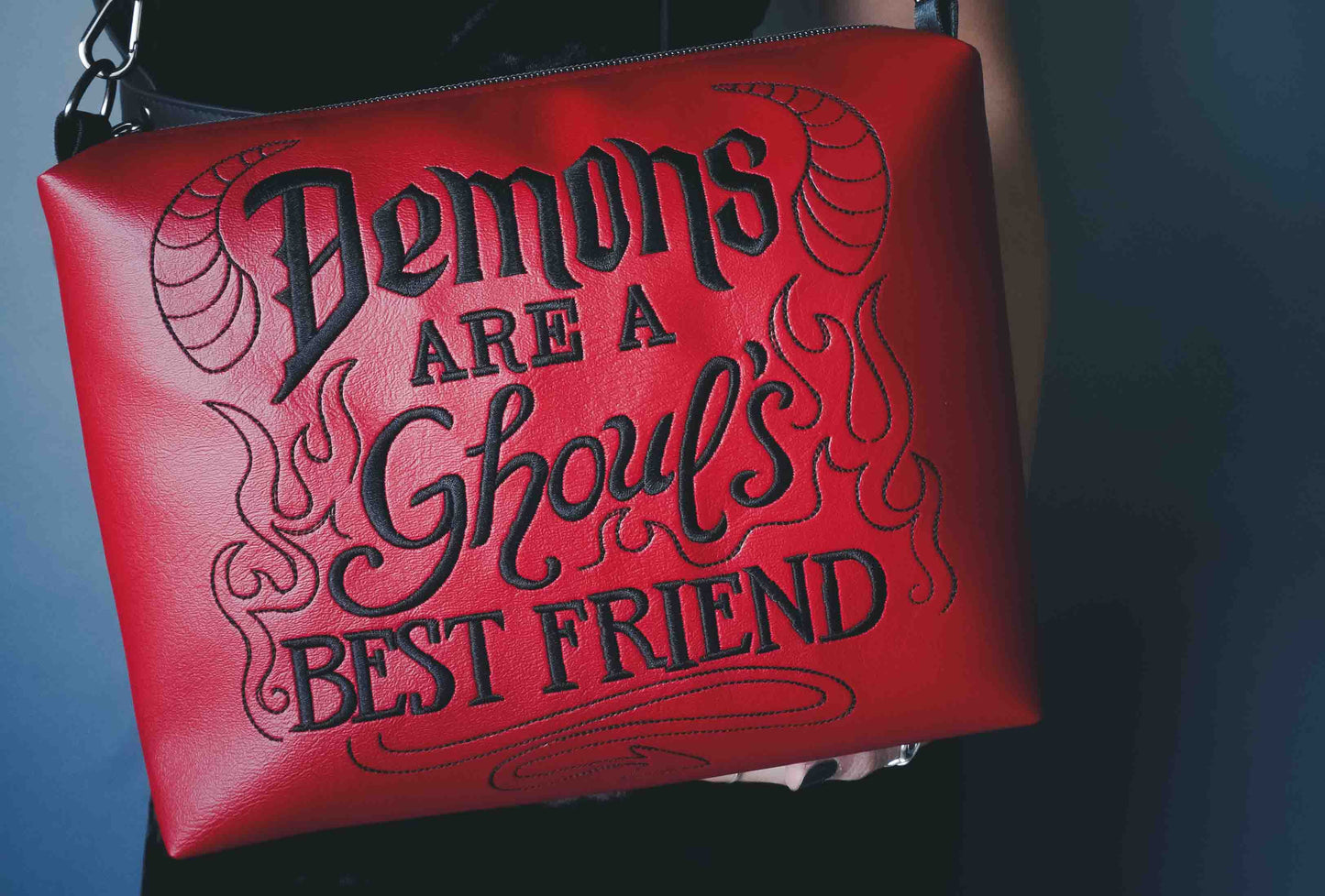 Demons are a Ghoul's Best Friend Red Medium Crossbody Bag- Vegan Leather, Detailed Embroidery, Gunmetal Hardware