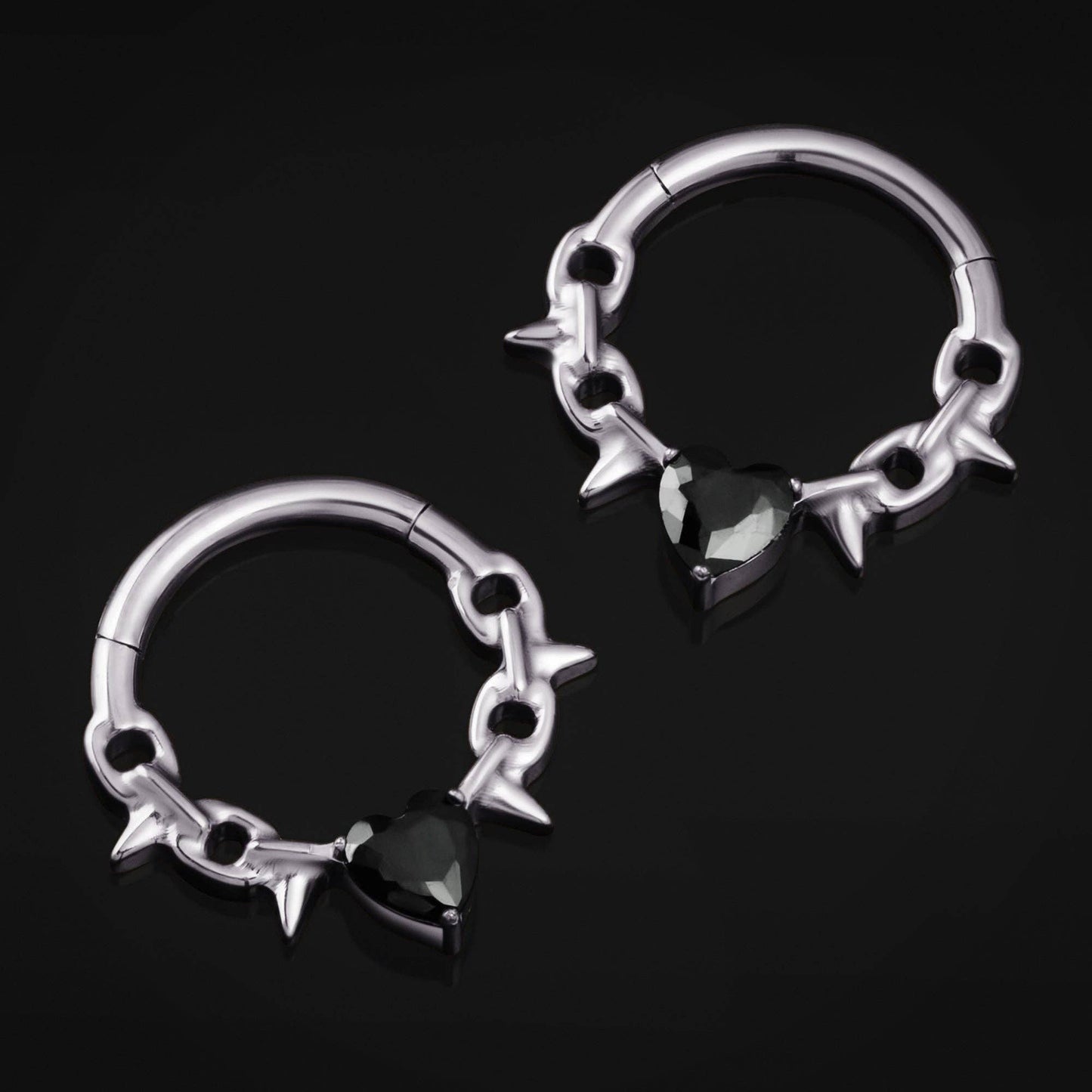 Septum Clicker, Silver Spiked Chain, Black Jewelled Heart, ASTM F136 Titanium