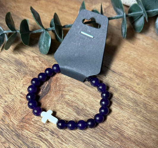 Amethyst Stretchy Bracelet w/White Turquoise Cross
