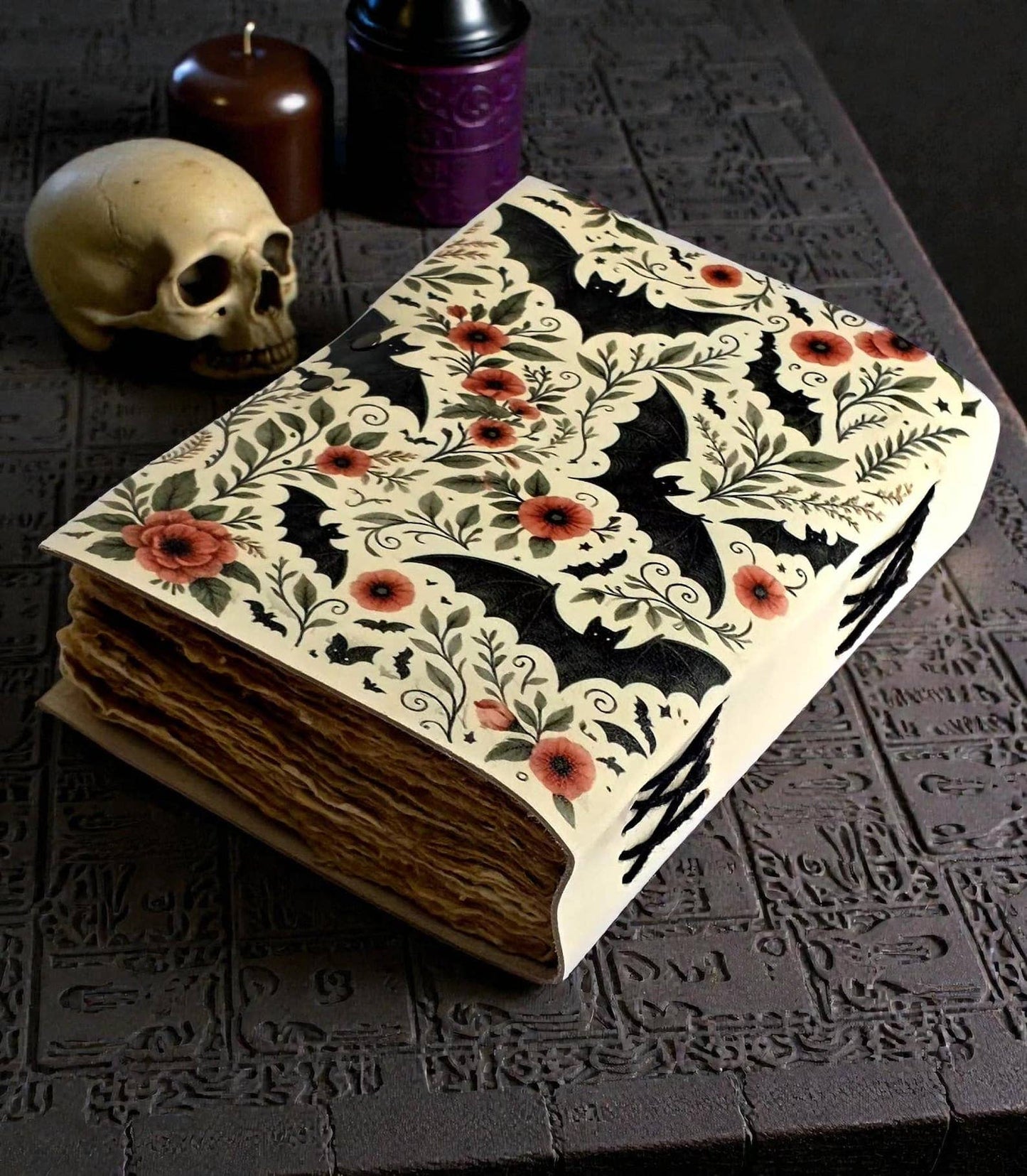 Bat Grimoire Journal Large Leather Book of Shadows with Lock