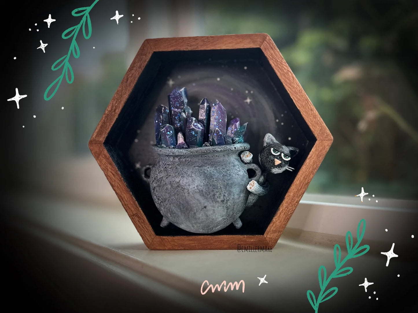 Cat & Crystal Cauldron Shadow Box | Fluorite Crystal and Cat Mini Sculpture | Witchy Wall Hanging or Desk Decor | Spooky Shadowbox