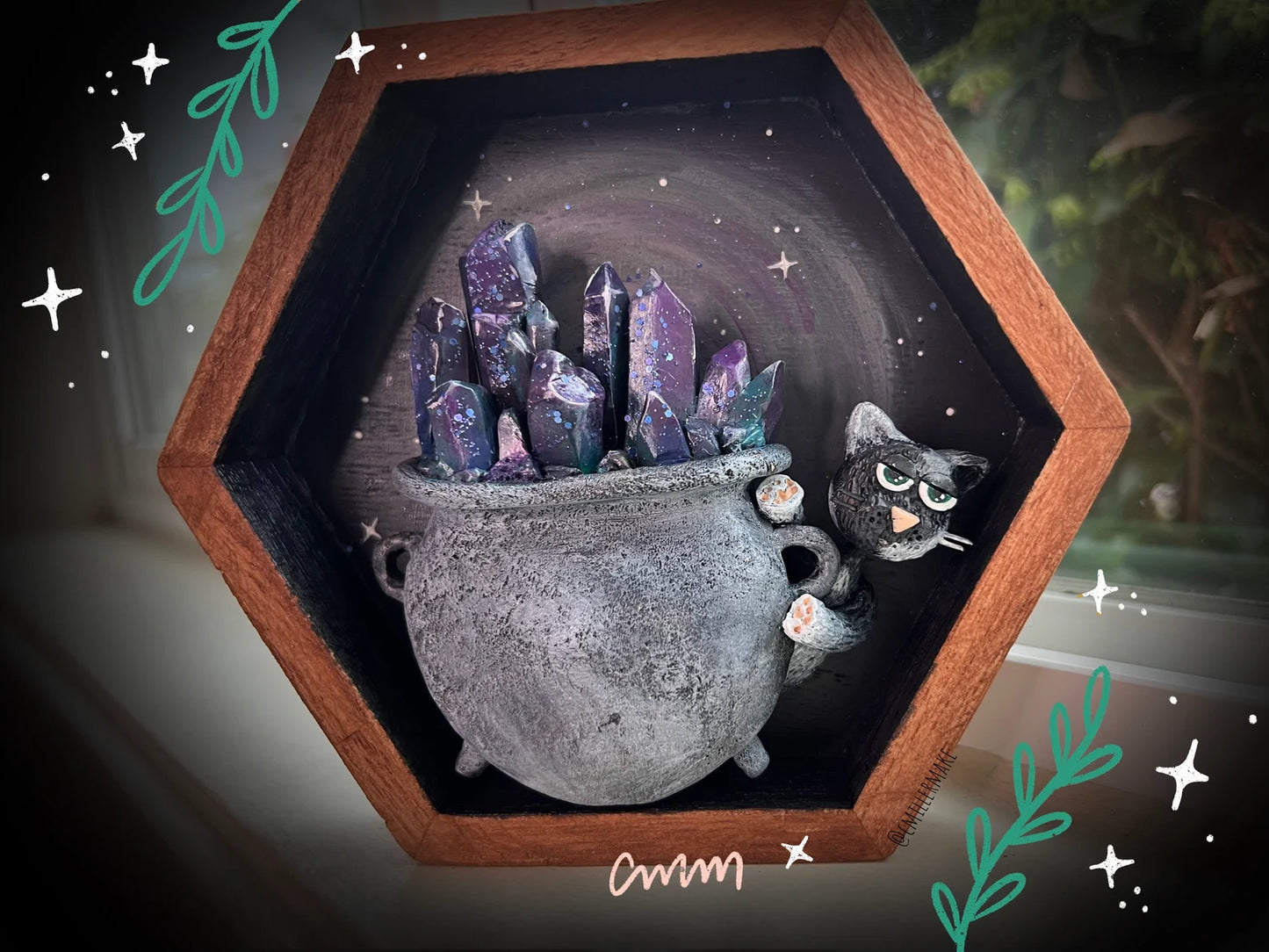 Cat & Crystal Cauldron Shadow Box | Fluorite Crystal and Cat Mini Sculpture | Witchy Wall Hanging or Desk Decor | Spooky Shadowbox