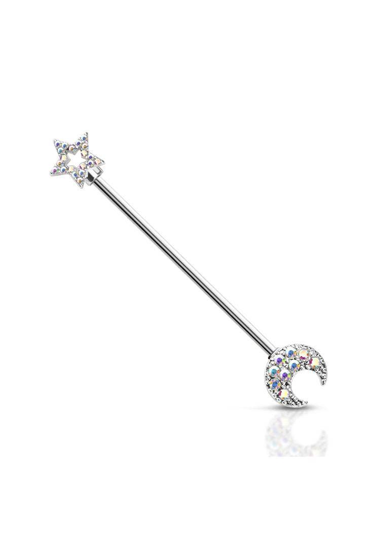 STAR & MOON ENDS 316L SURGICAL STEEL INDUSTRIAL BARBELL