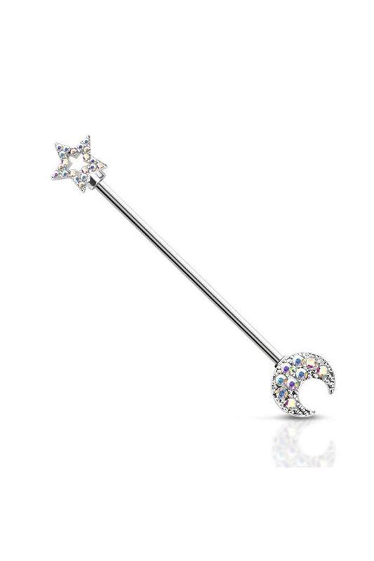 STAR & MOON ENDS 316L SURGICAL STEEL INDUSTRIAL BARBELL