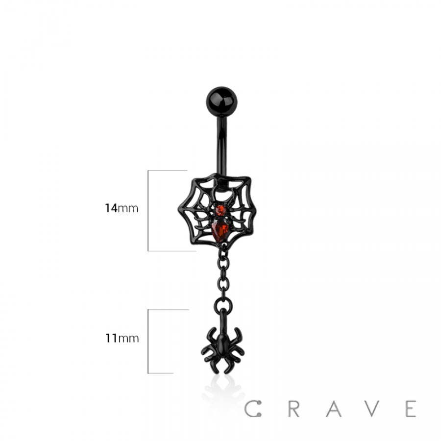 Spiderweb & Dangling Spider Belly Button Ring – 14G Surgical Steel