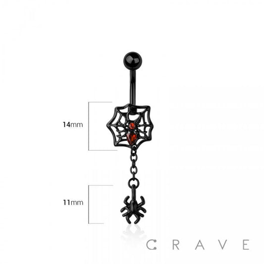 Spiderweb & Dangling Spider Belly Button Ring – 14G Surgical Steel