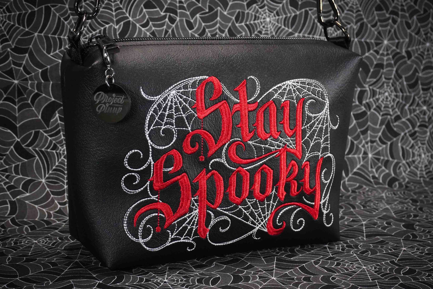 Black and Red Stay Spooky Embroidered Small Crossbody Bag –  Handmade, Vegan Leather, Gunmetal Hardware