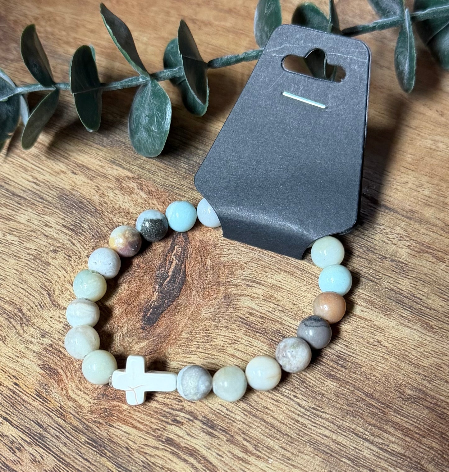 Amazonite Stretchy Bracelet w/White Turquoise Cross