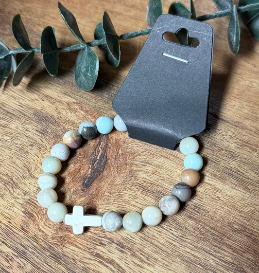 Amazonite Stretchy Bracelet w/White Turquoise Cross