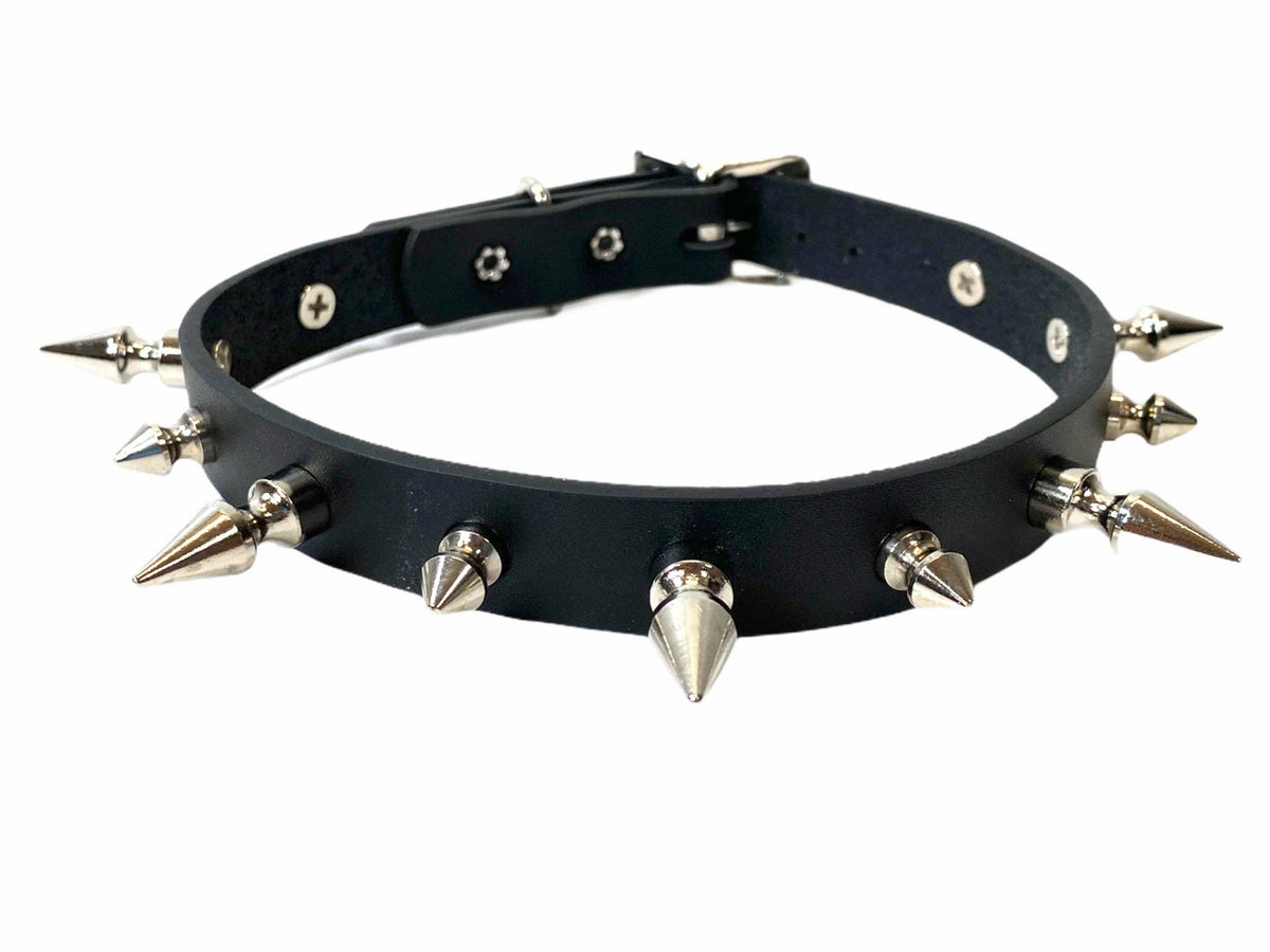CK136 3/4" BLACK LEATHER CHOKER WITH 1/2" AND 1" SPIKES