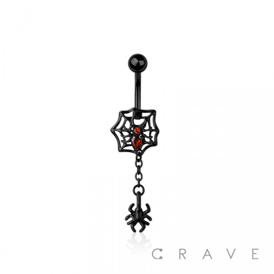 Spiderweb & Dangling Spider Belly Button Ring – 14G Surgical Steel