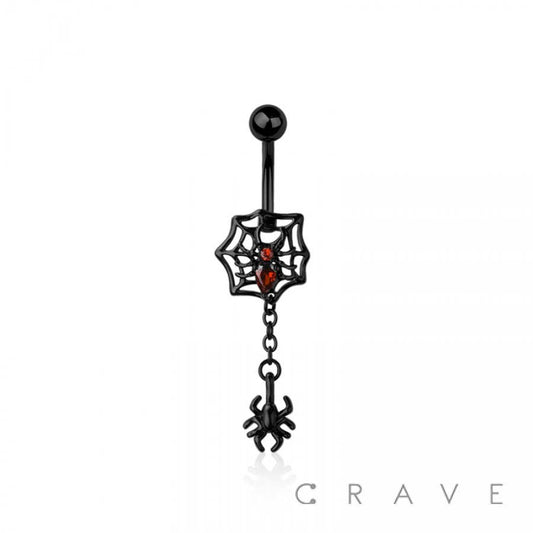 Spiderweb & Dangling Spider Belly Button Ring – 14G Surgical Steel
