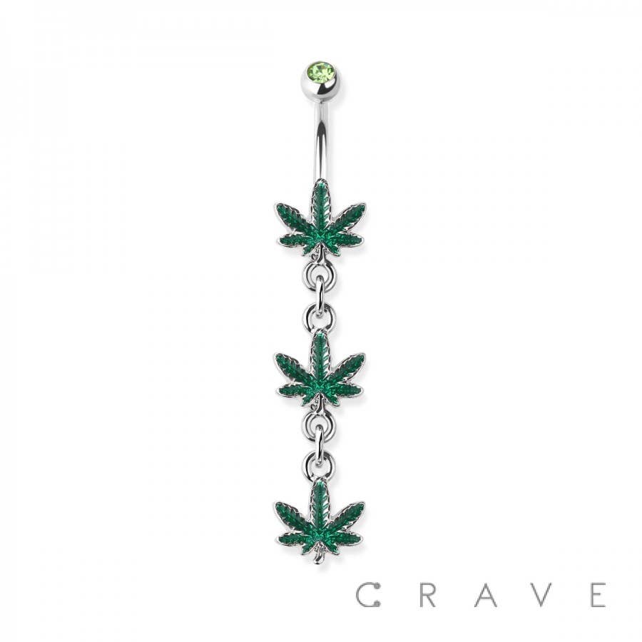 TRIPLE MARIJUANA LEAF DANGLE 316L SURGICAL STEEL NAVEL RING