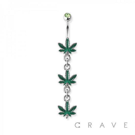 TRIPLE MARIJUANA LEAF DANGLE 316L SURGICAL STEEL NAVEL RING