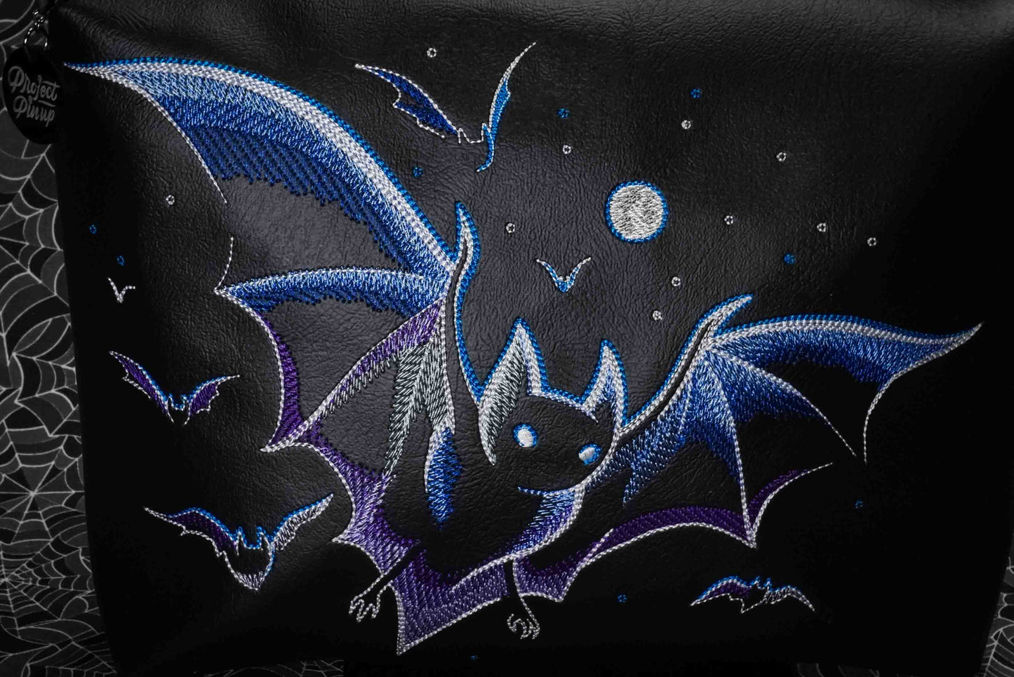 Purple and Blue Bats Black Medium Crossbody Bag - Gunmetal Hardware, Embroidered Purse, Vegan Leather