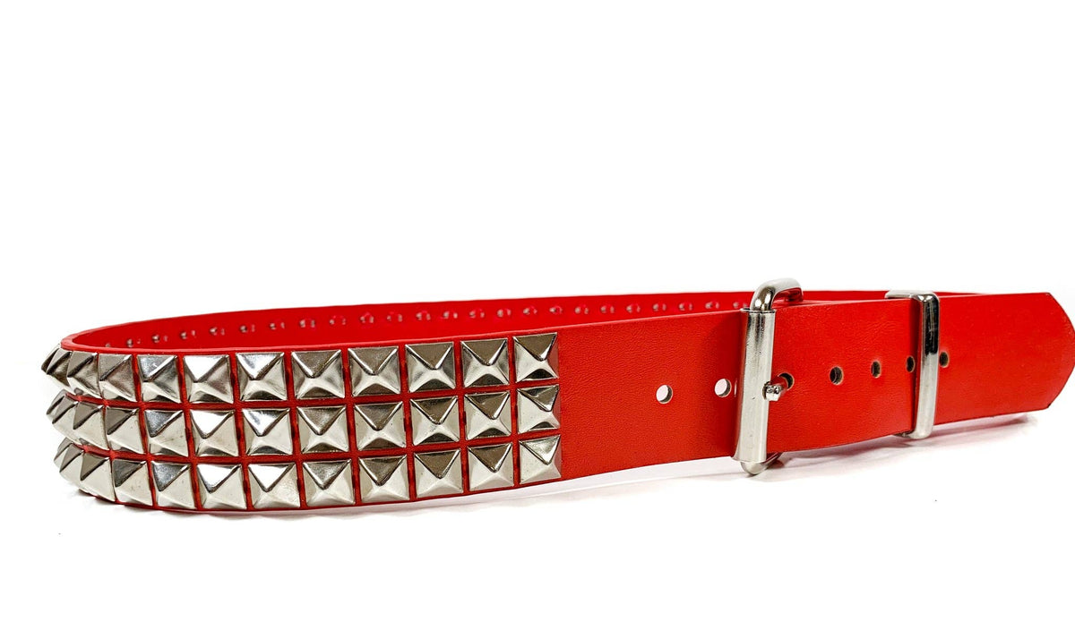 BT104M-RED MATTE 3 ROW 1/2" PYRAMID STUD VEGAN LEATHER BELT
